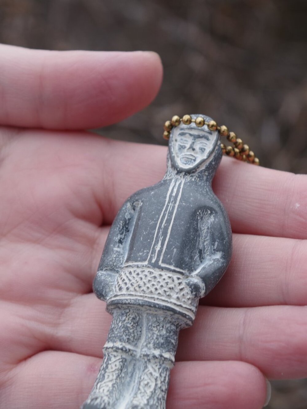 Vintage Craved Soapstone Keychain Pendent Inuit Figure